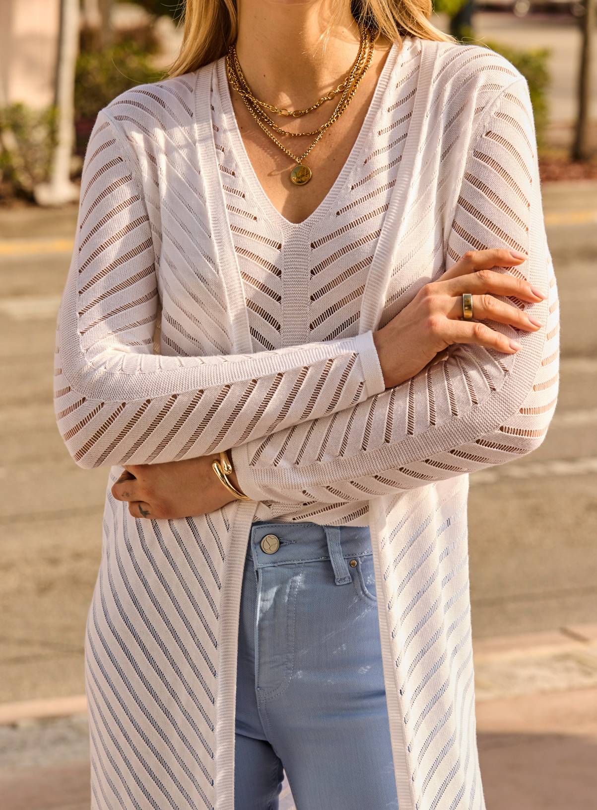 SOSANDAR Cream Ladder Stitch Longline Cardigan 6 - Image 2