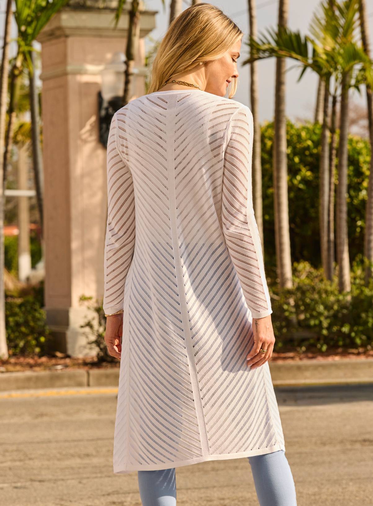 SOSANDAR Cream Ladder Stitch Longline Cardigan 6 - Image 4
