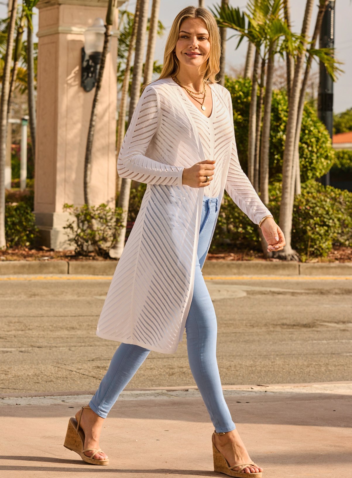 SOSANDAR Cream Ladder Stitch Longline Cardigan 6 - Image 5 thumbnail