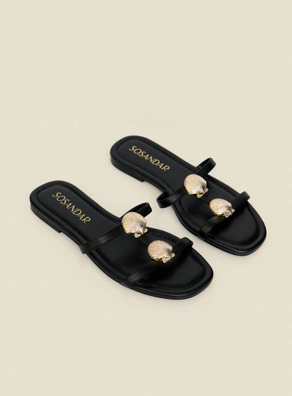 SOSANDAR Black Seashell Strap Detail Flat Sandals 5