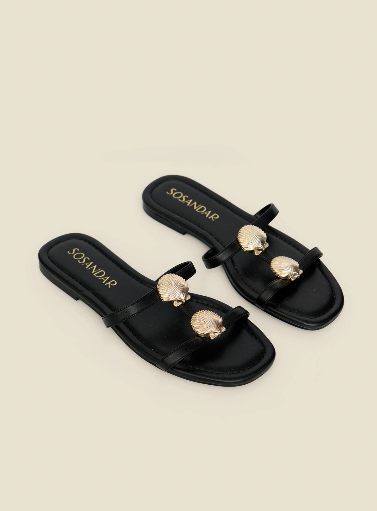 SOSANDAR Black Seashell Strap Detail Flat Sandals 3 - Image 1