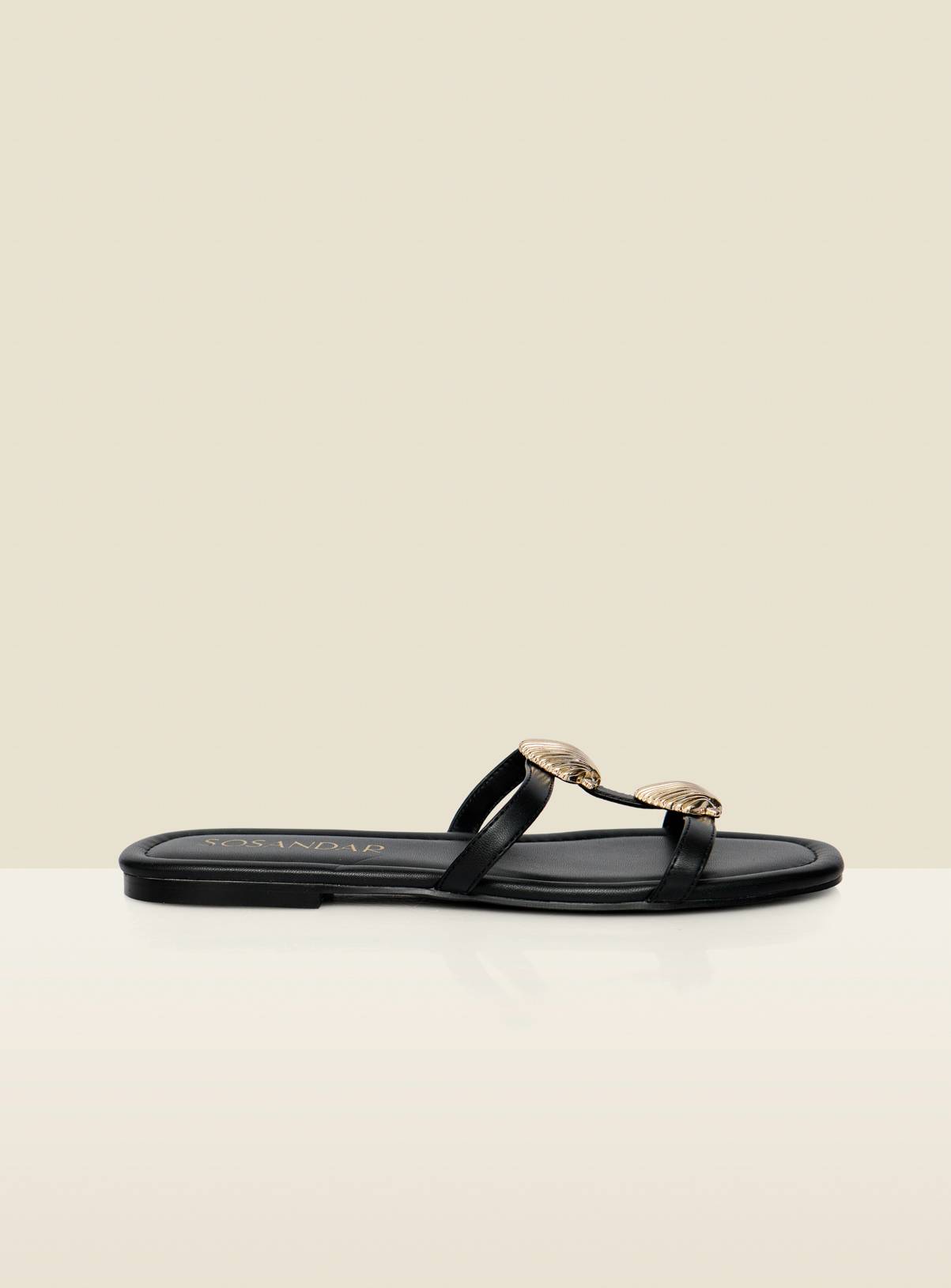SOSANDAR Black Seashell Strap Detail Flat Sandals 3 - Image 2
