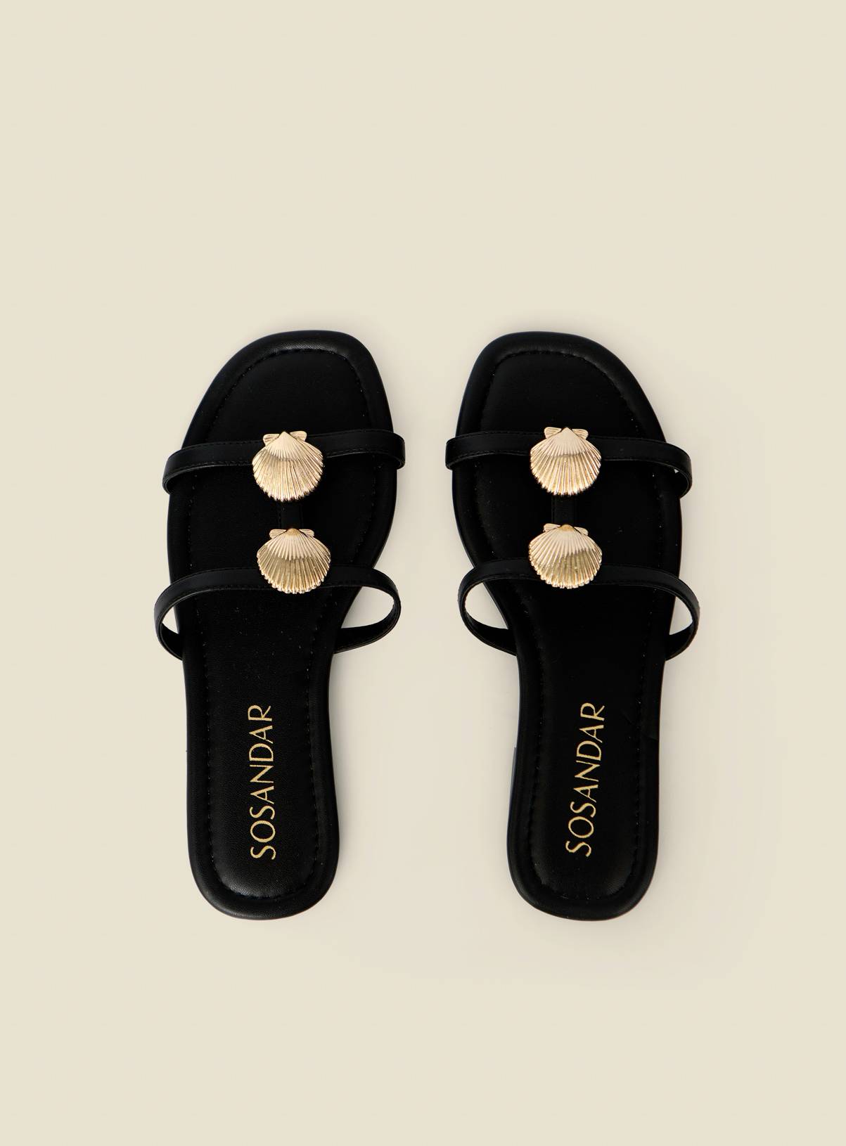SOSANDAR Black Seashell Strap Detail Flat Sandals 3 - Image 3