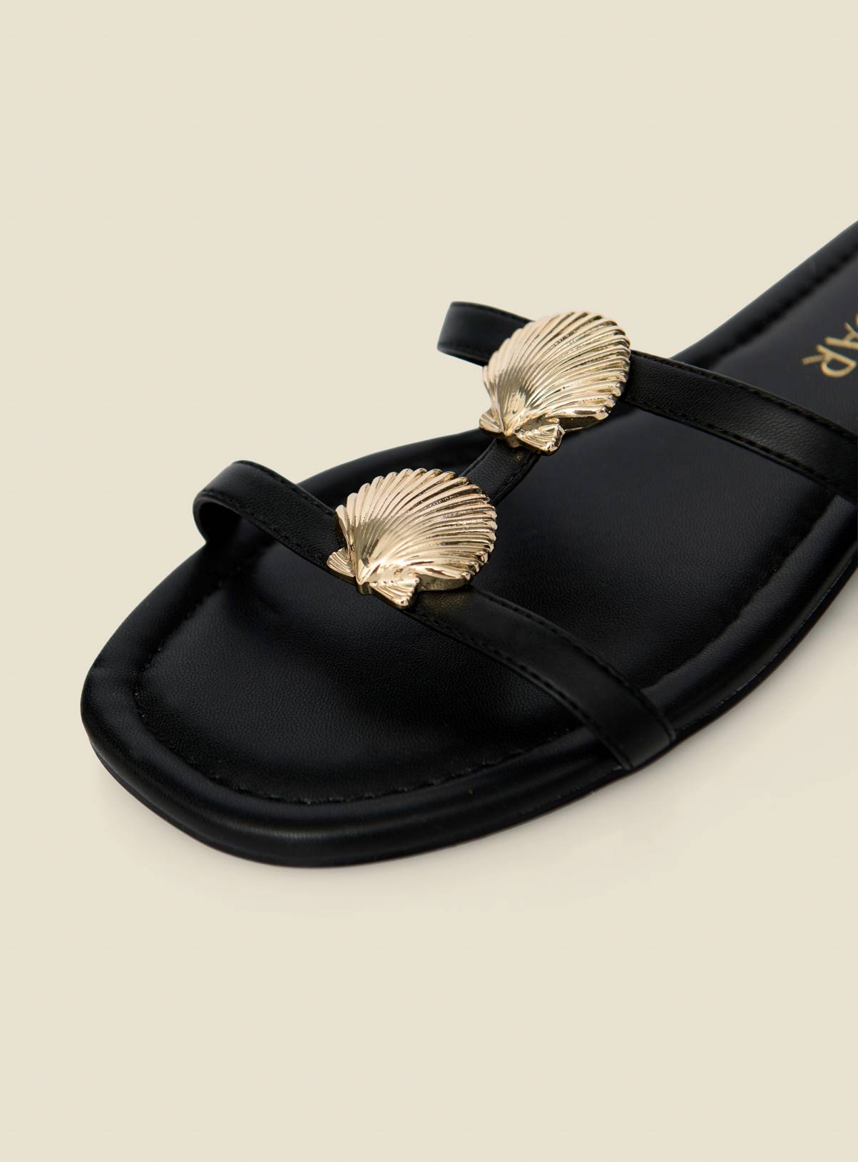 SOSANDAR Black Seashell Strap Detail Flat Sandals 3 - Image 4