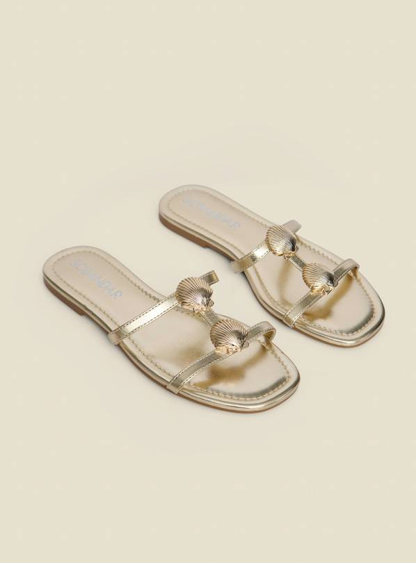 SOSANDAR Gold Metallic Seashell Strap Detail Flat Sandals 6