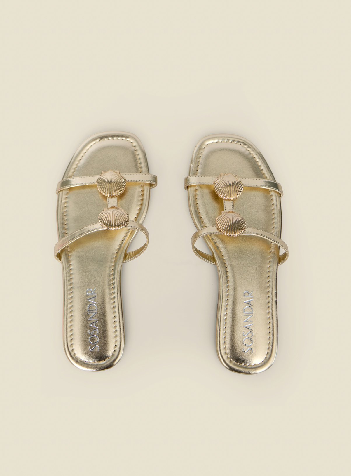 SOSANDAR Gold Metallic Seashell Strap Detail Flat Sandals 5 - Image 3 thumbnail