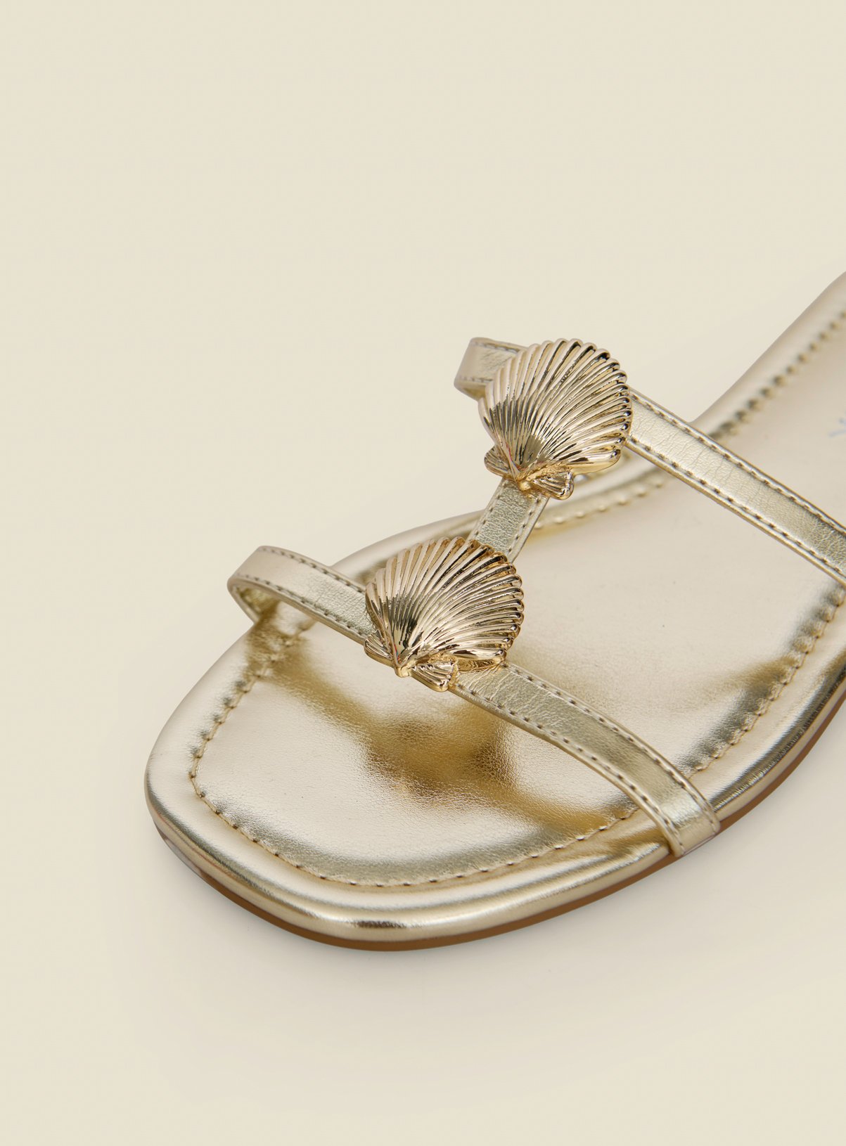 SOSANDAR Gold Metallic Seashell Strap Detail Flat Sandals 5 - Image 4 thumbnail
