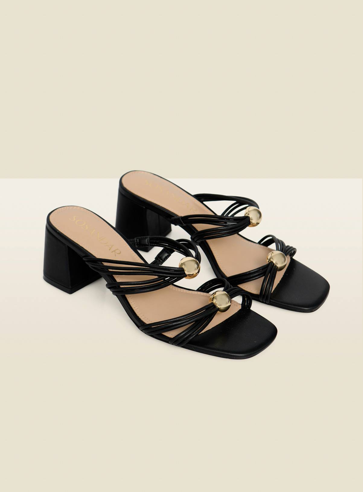 SOSANDAR Black Strappy Mule Sandals with Gold Detail 3 - Image 1