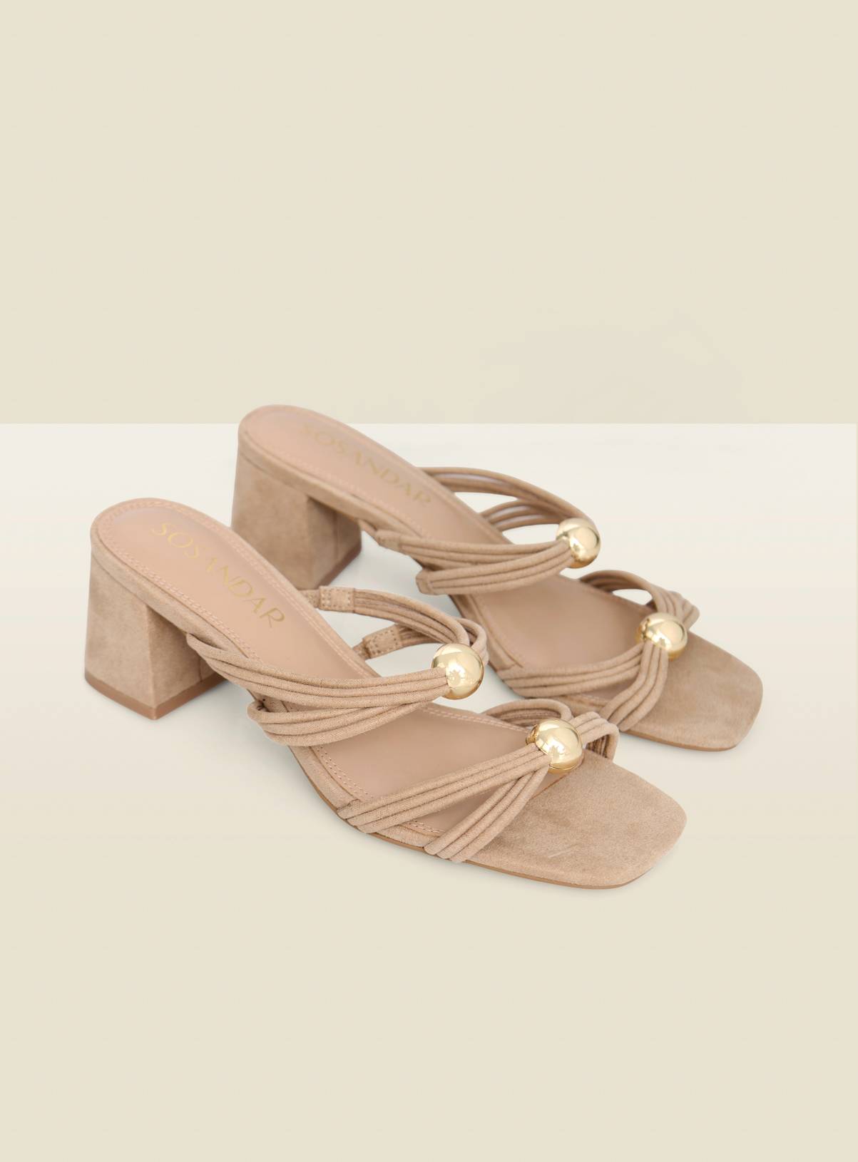 SOSANDAR Taupe Faux Suede Strappy Mule Sandals with Gold Detail 7 - Image 1