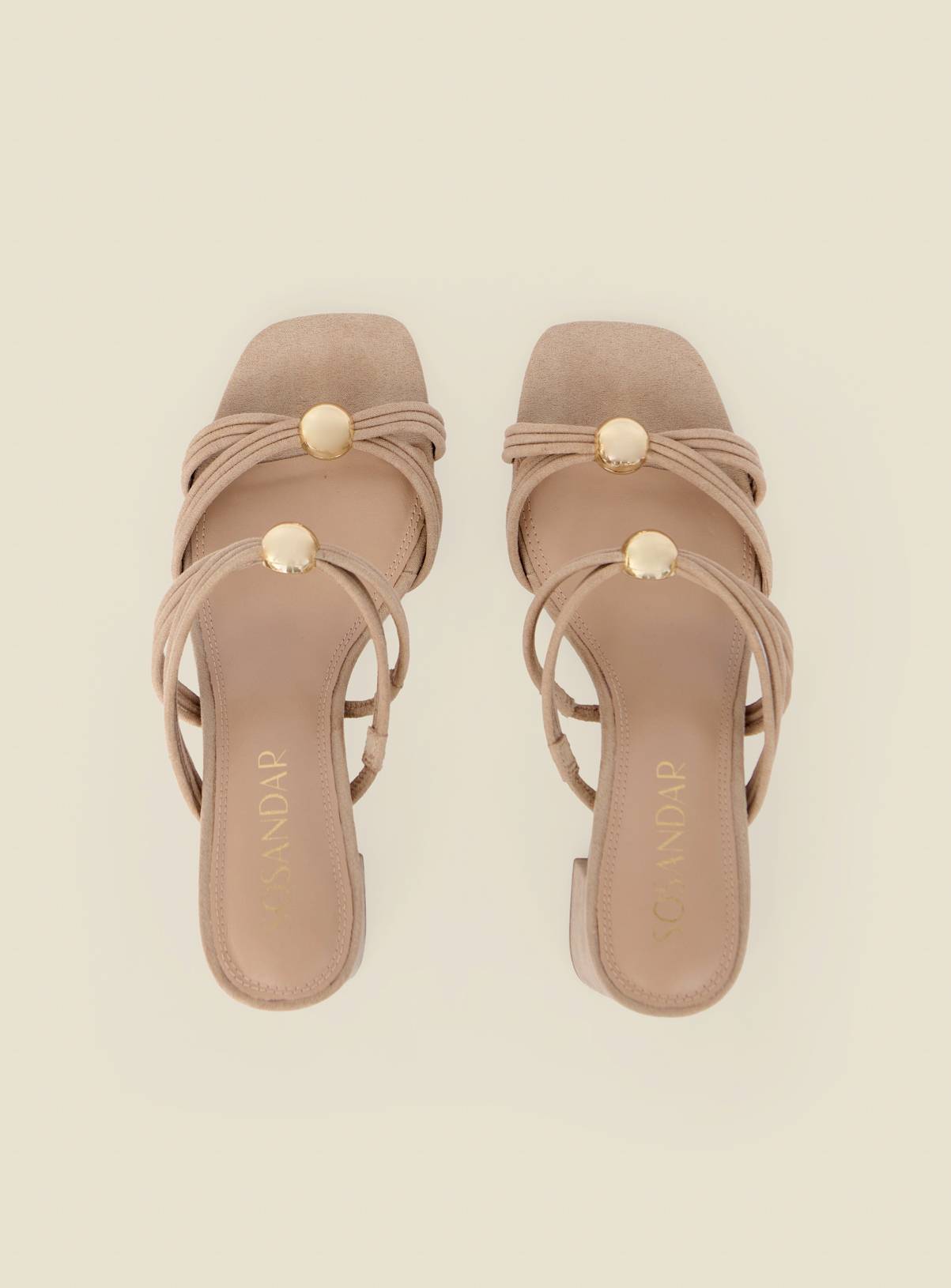 SOSANDAR Taupe Faux Suede Strappy Mule Sandals with Gold Detail 7 - Image 3