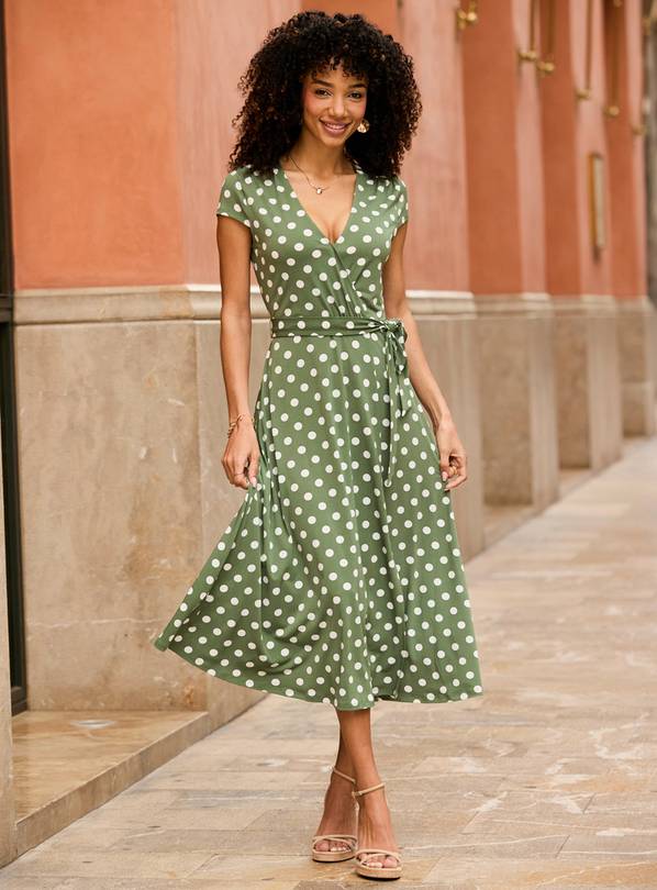 SOSANDAR Khaki Green Spot Print Faux Wrap Dress 16