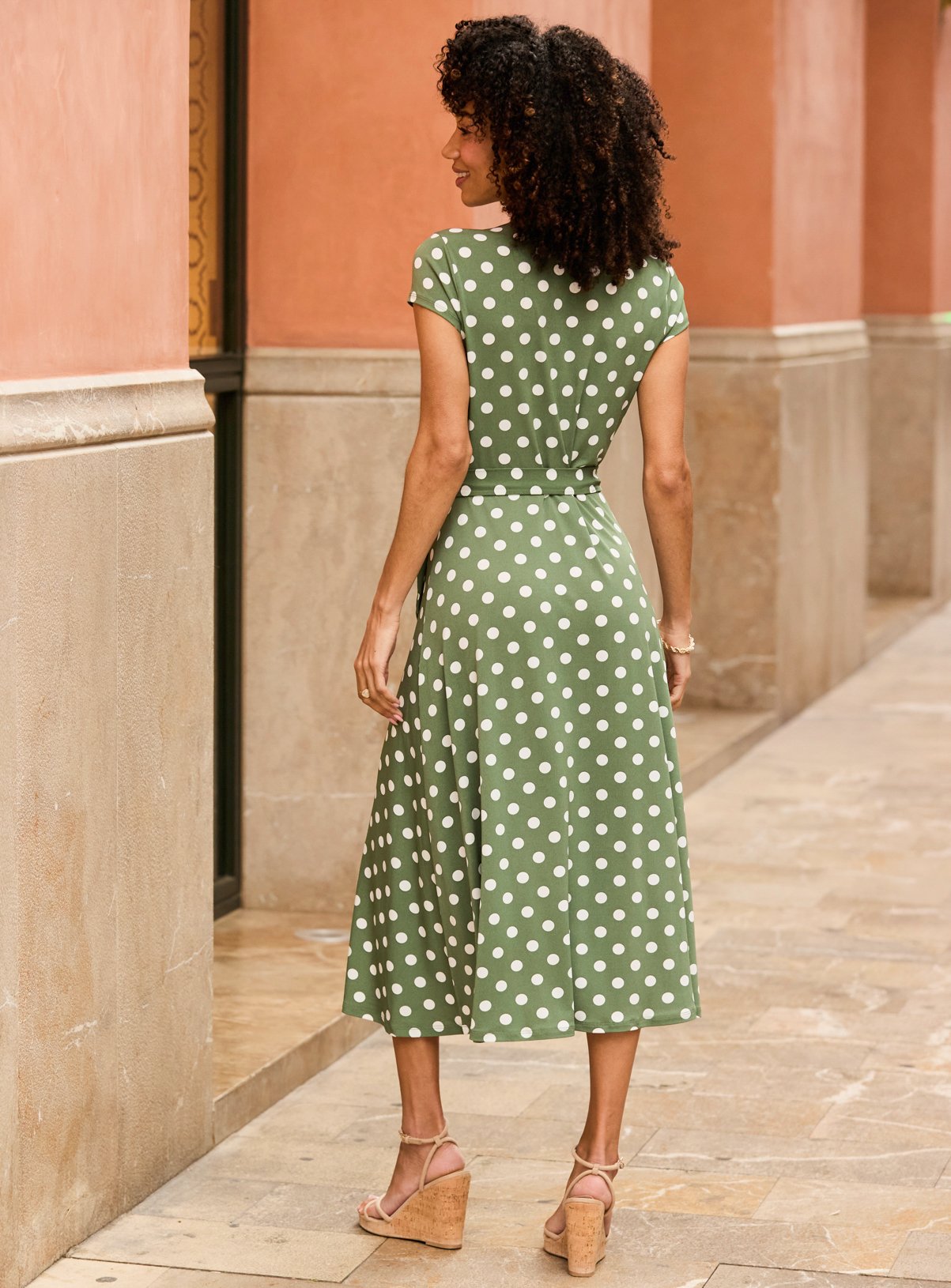 SOSANDAR Khaki Green Spot Print Faux Wrap Dress 6 - Image 2 thumbnail