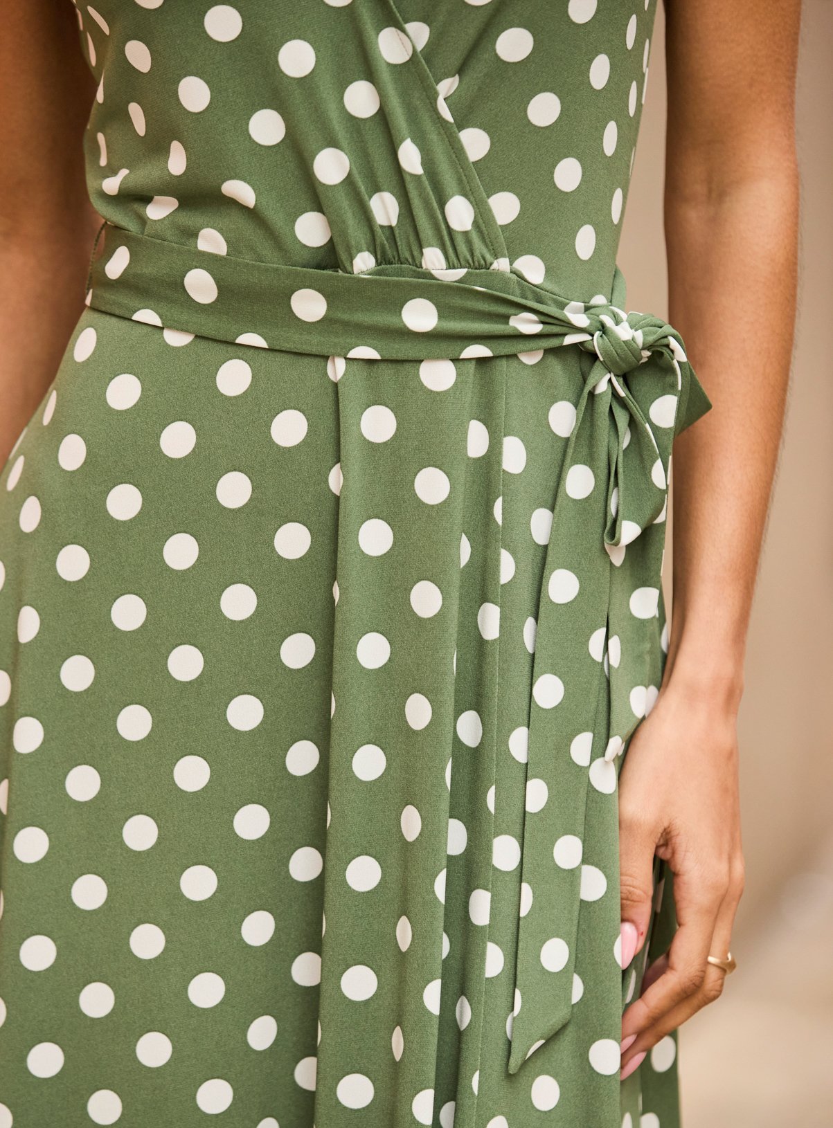 SOSANDAR Khaki Green Spot Print Faux Wrap Dress 6 - Image 4 thumbnail