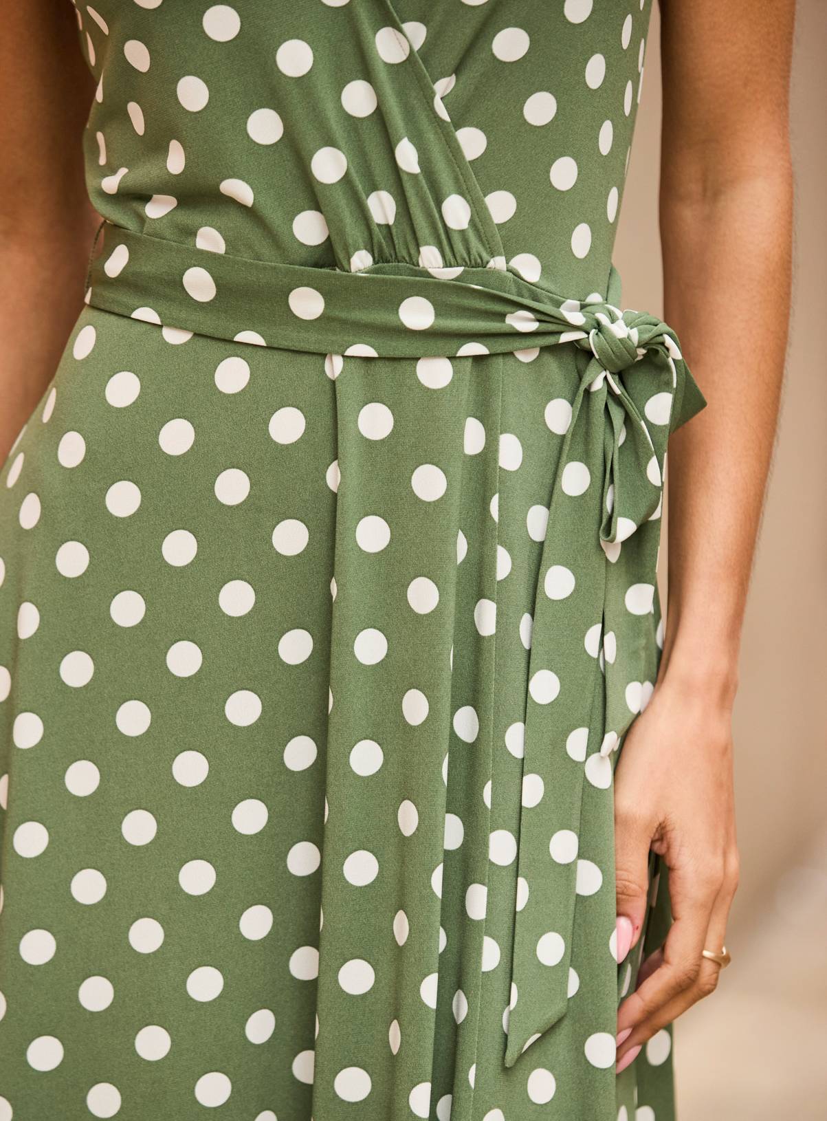 SOSANDAR Khaki Green Spot Print Faux Wrap Dress 6 - Image 4