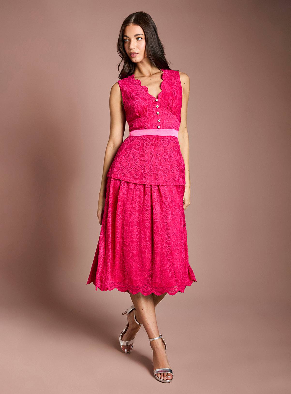 COAST Peplum Detail Lace Dress Pink 16 - Image 1