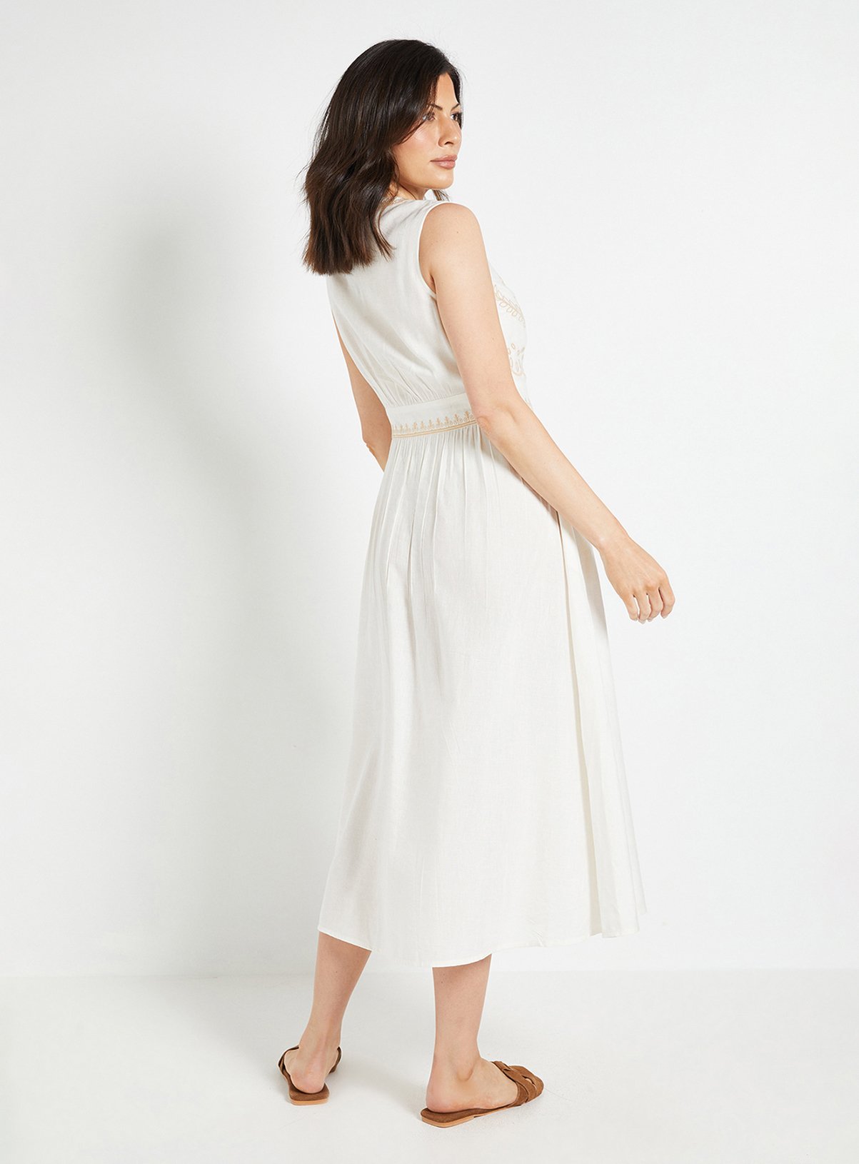 WALLIS Linen Mix Embroidered Midi Dress 22 - Image 3 thumbnail