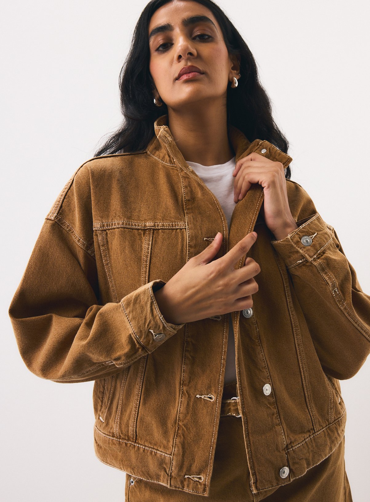 Tan Denim Funnel Co-ord Trucker Jacket 14 - Image 2 thumbnail