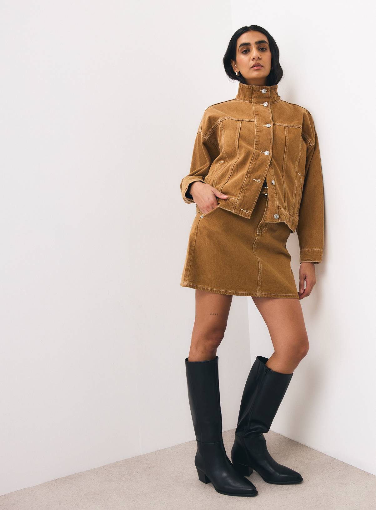 Tan Denim Funnel Co-ord Trucker Jacket 14 - Image 3