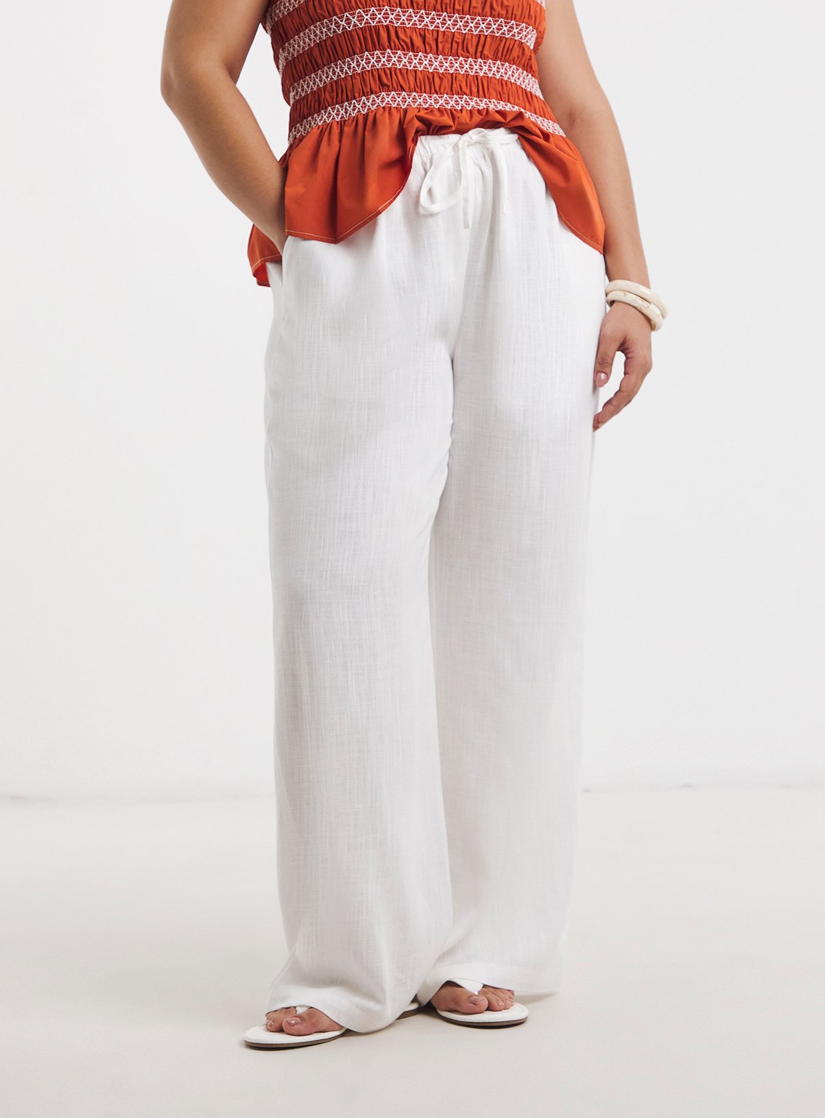 SIMPLY BE White Tie Waist Linen Wide Leg Trouser 22 - Image 3 thumbnail
