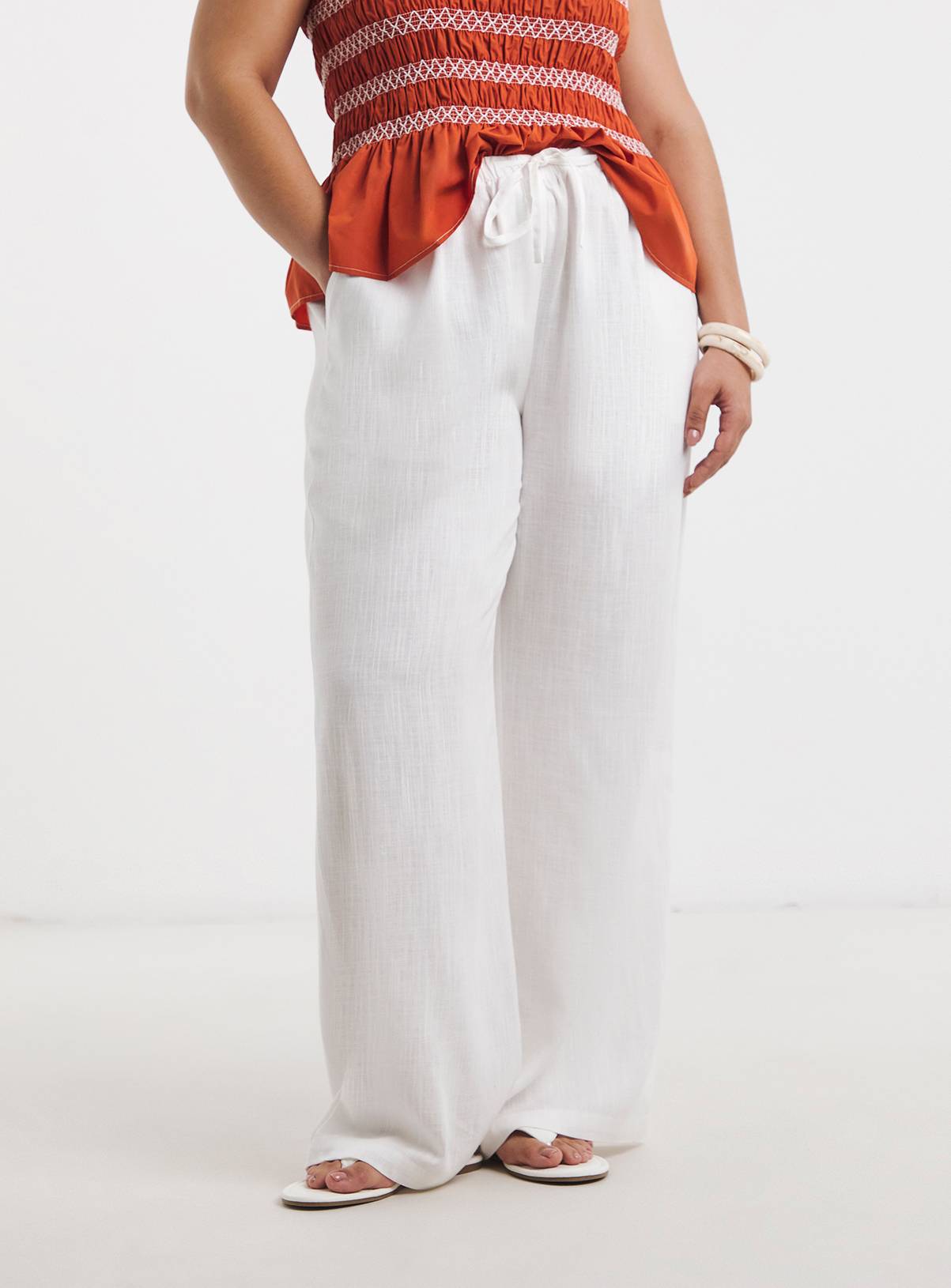 SIMPLY BE White Tie Waist Linen Wide Leg Trouser 22 - Image 3