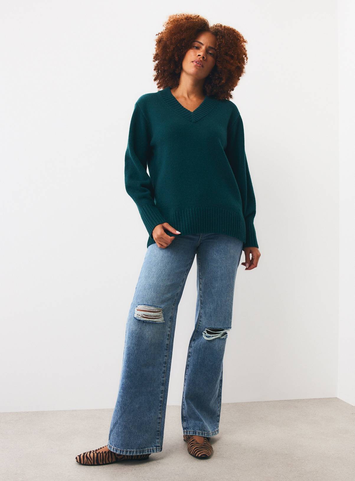 Teal Pure Lambswool V-Neck Jumper XL - Image 2