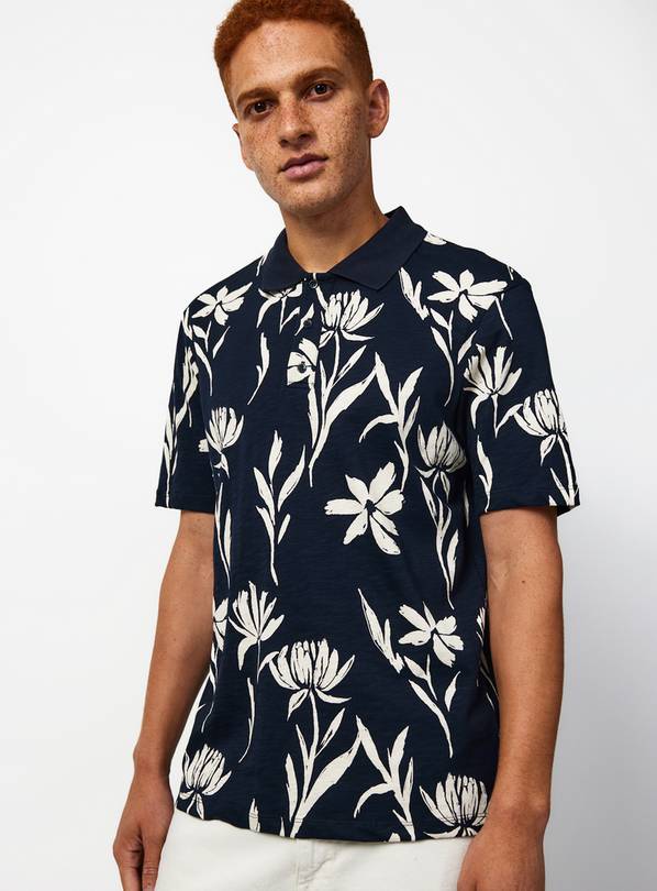 Navy Floral Print Polo Shirt XL