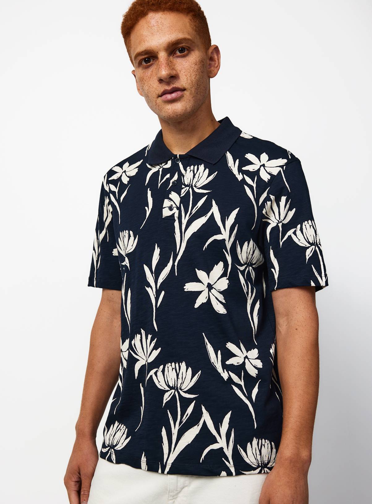 Navy Floral Print Polo Shirt XS - Image 1