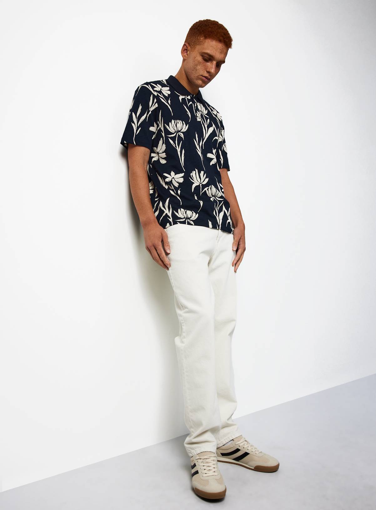 Navy Floral Print Polo Shirt XS - Image 2