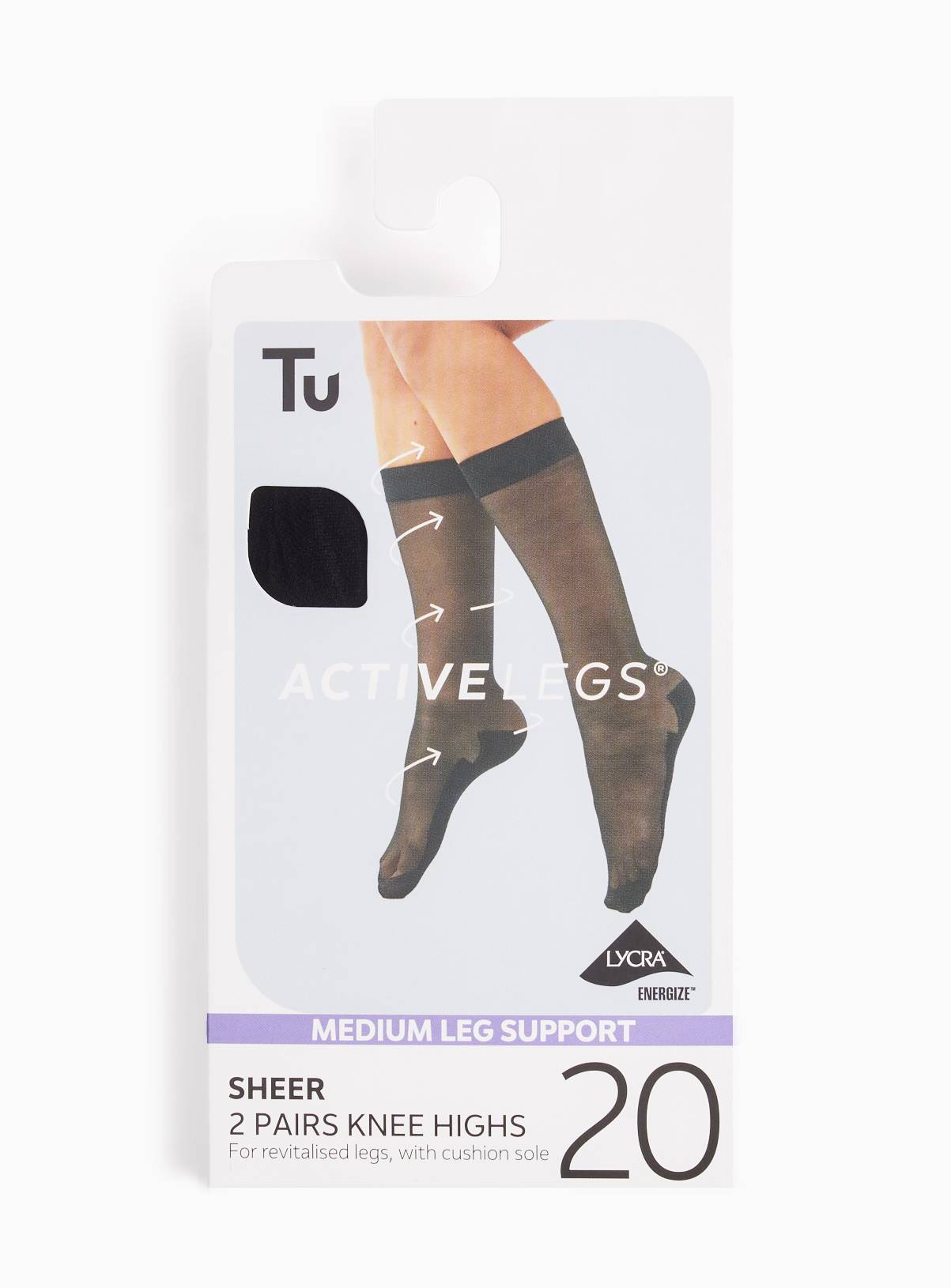 Black 20 Denier Medium Support Knee High 2 Pack One Size - Image 1