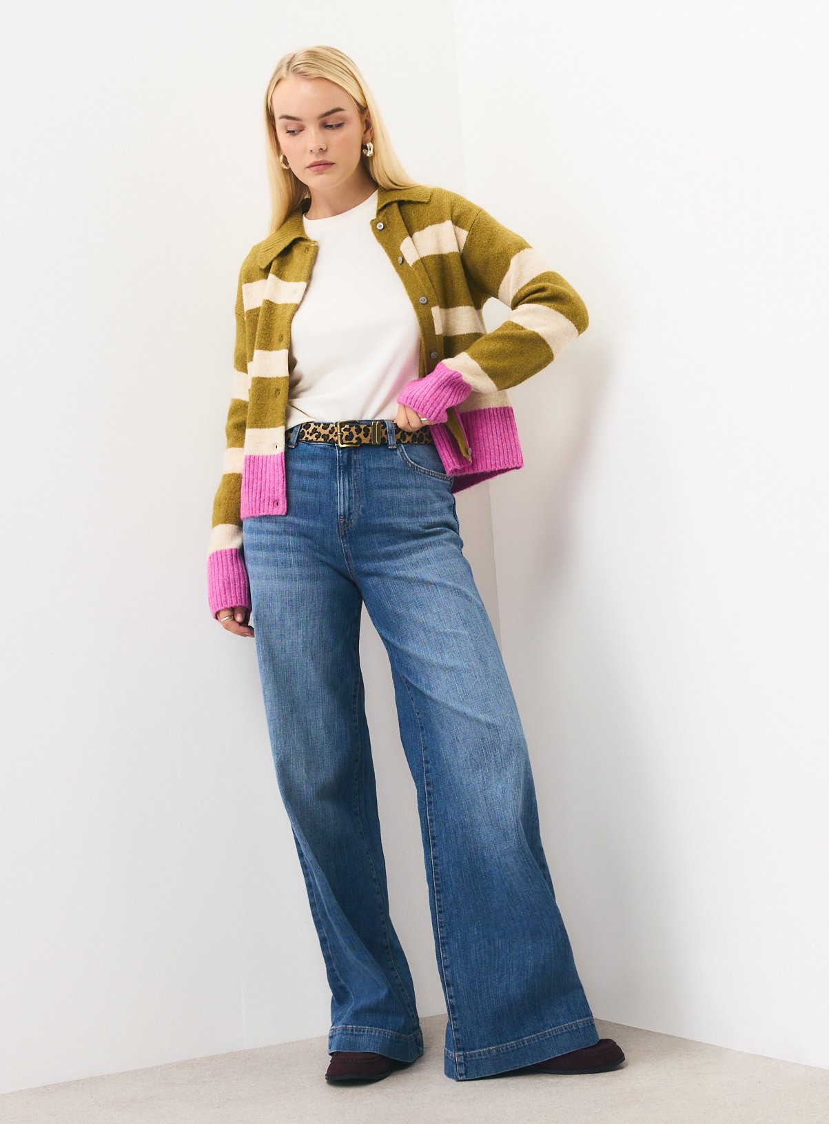 Green Block Stripe Collared Cardigan L - Image 2 thumbnail
