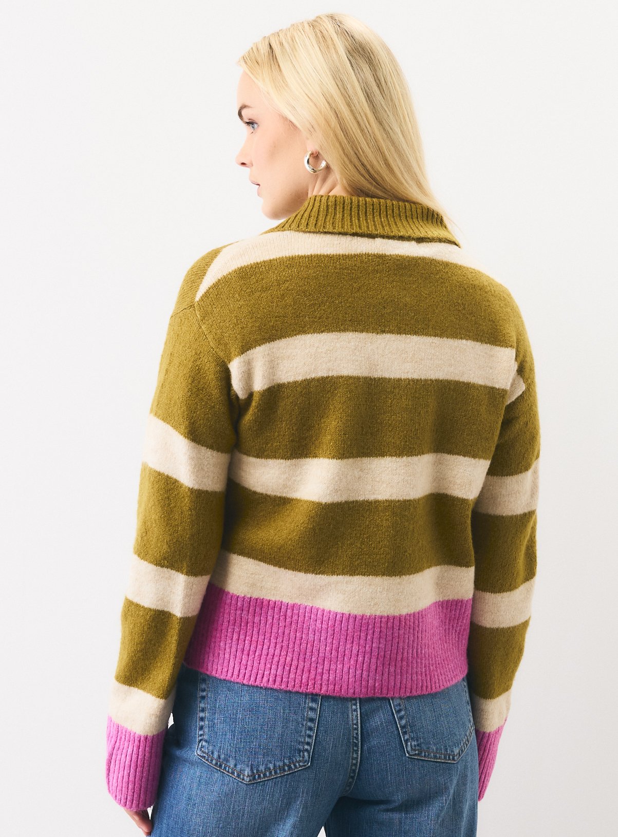 Green Block Stripe Collared Cardigan L - Image 4 thumbnail