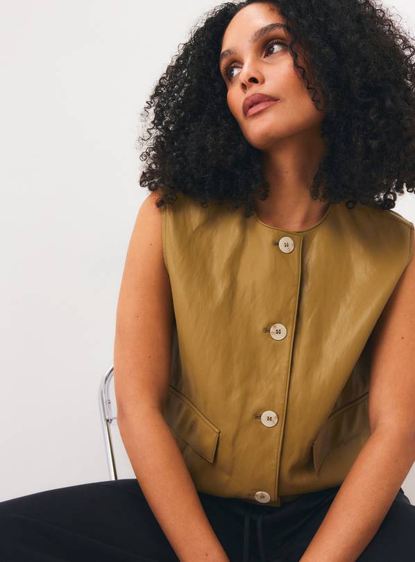 Khaki PU Biker Gilet S