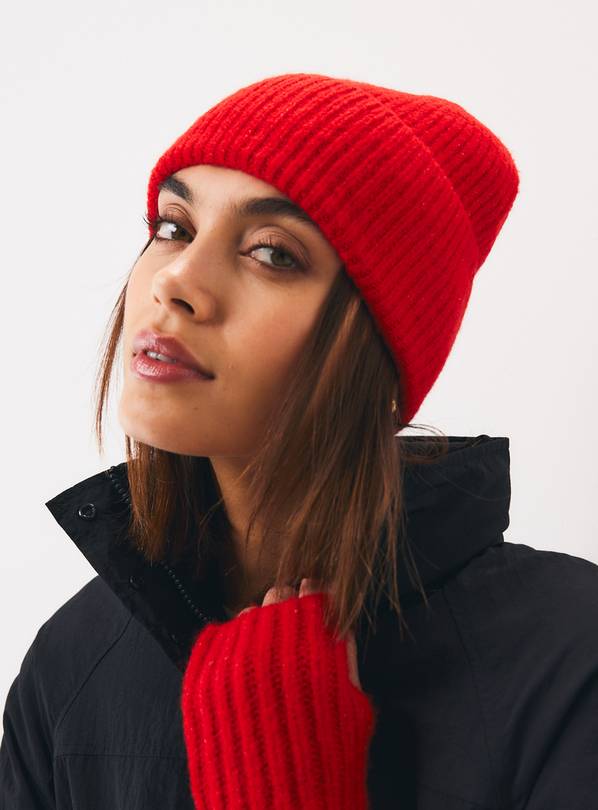 Red Ribbed Turn-Up Beanie One Size