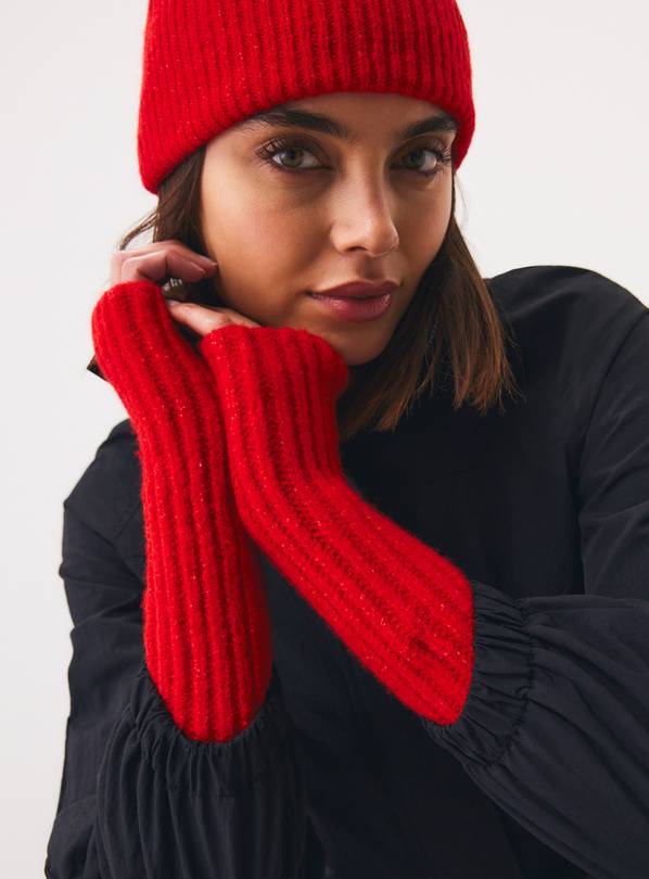 Red Ribbed Knitted Fingerless Gloves One Size