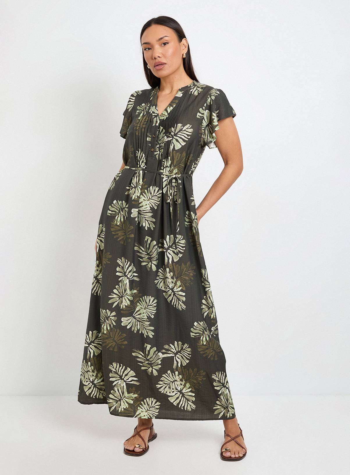 WALLIS Palm Print Pintuck Maxi Dress 8 - Image 1