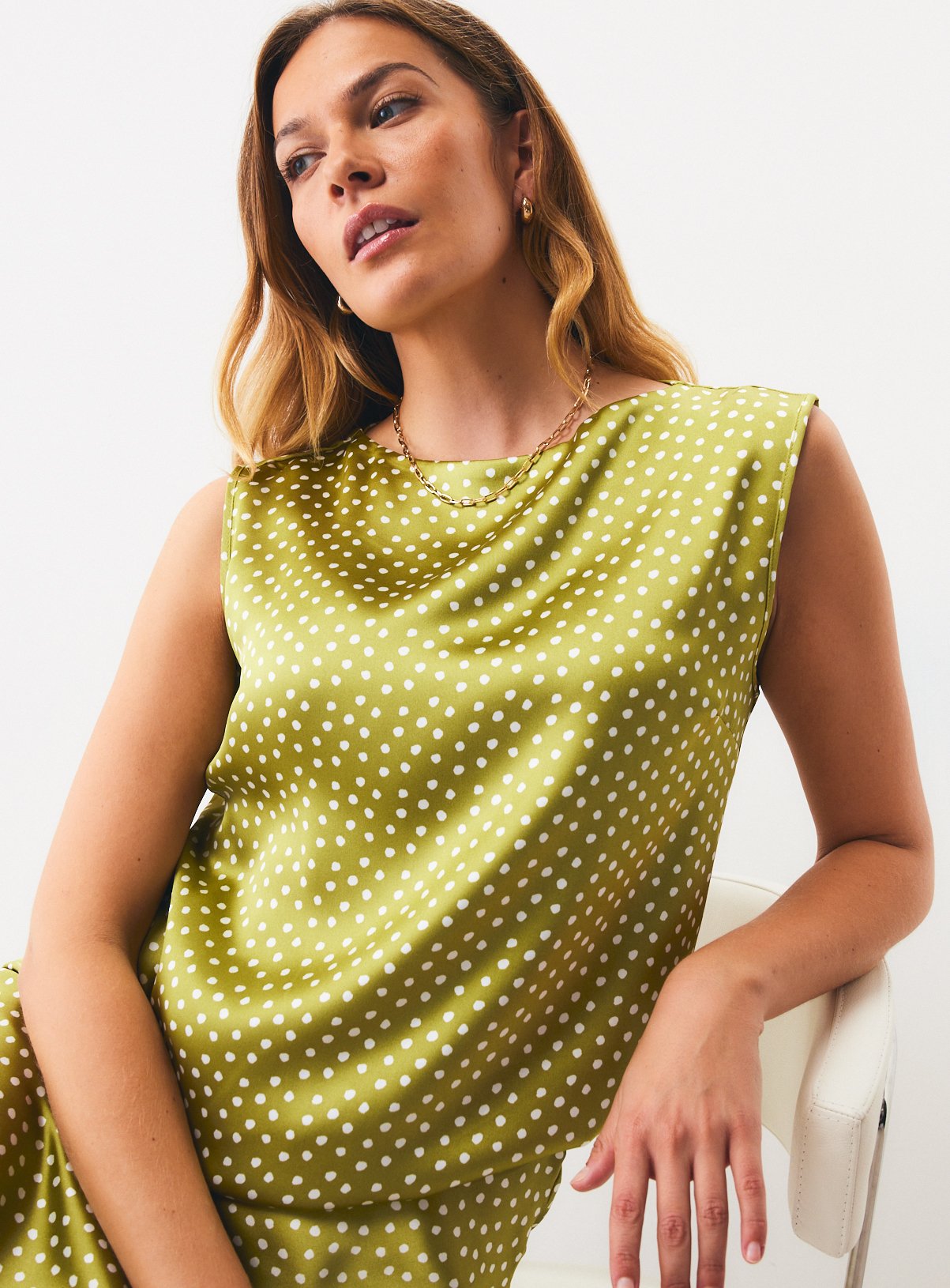 Green Spotted Sleeveless Cowl Neck Top 14 - Image 1 thumbnail