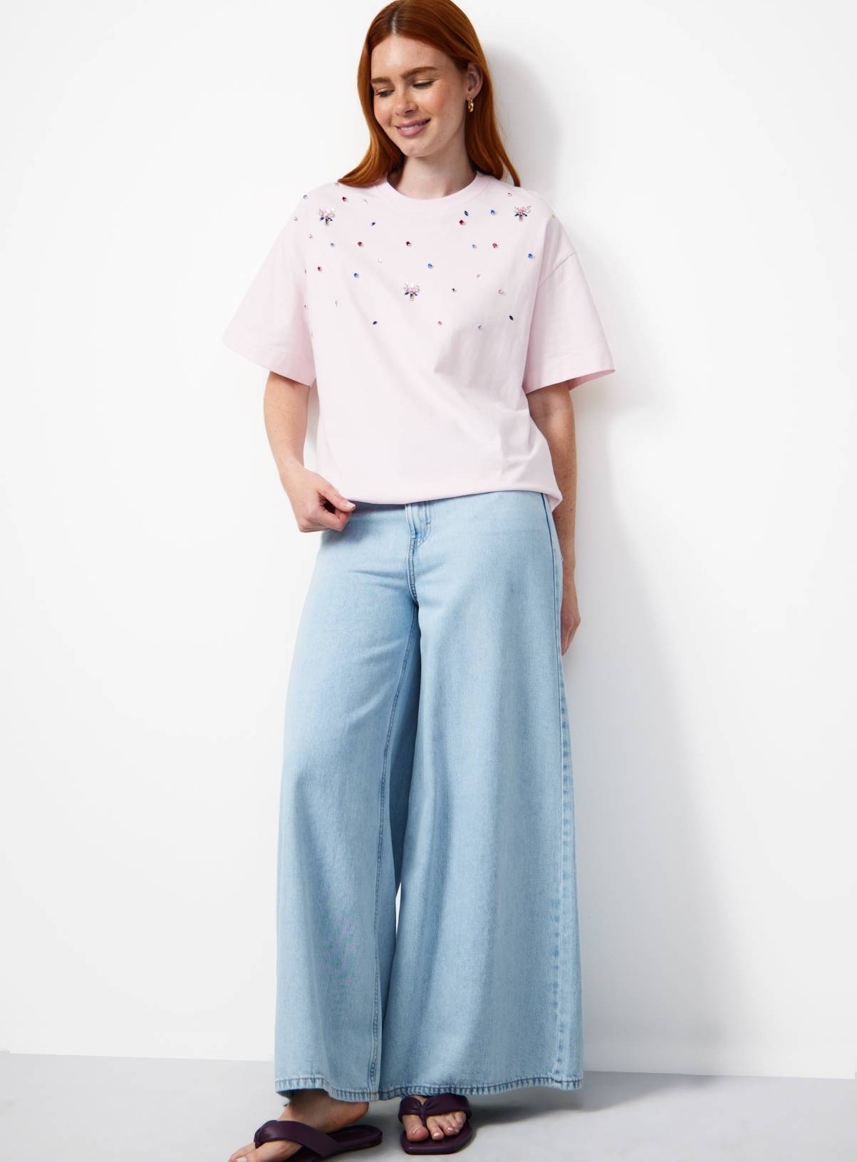 Pink Embellished Detail Boxy Fit T-Shirt L - Image 2