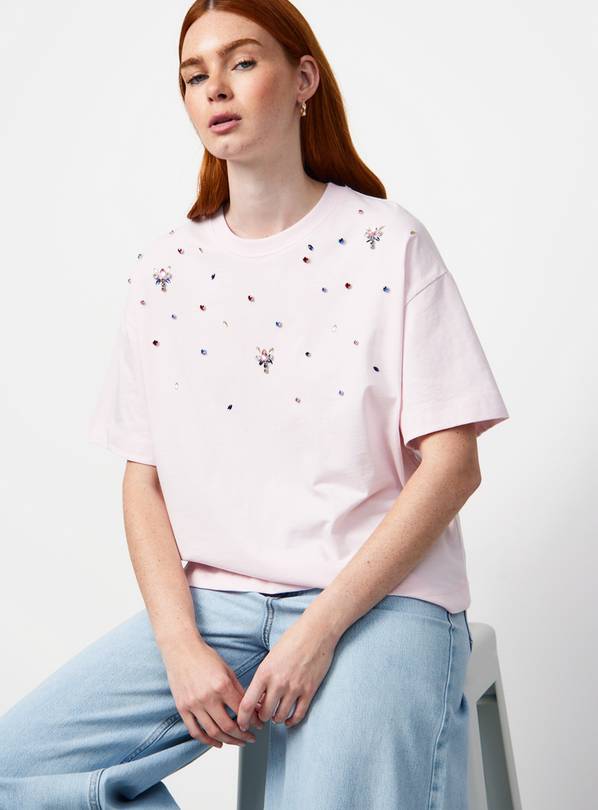 Pink Embellished Detail Boxy Fit T-Shirt L
