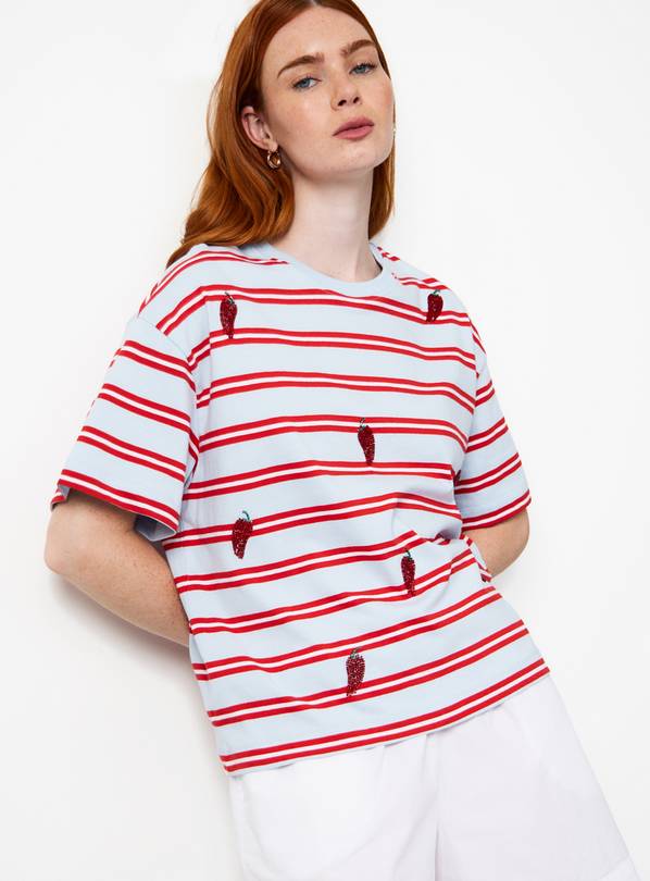 Blue & Red Stripe Chilli Embellished Boxy Fit T-Shirt M