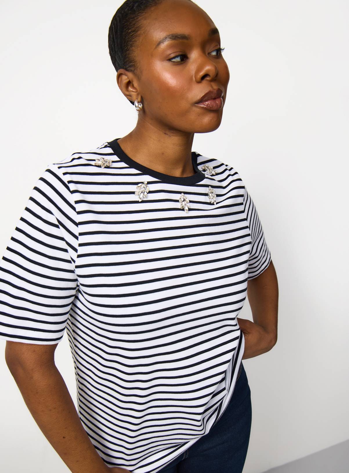 Mono Stripe Print Embellished Neckline T-Shirt 26 - Image 1