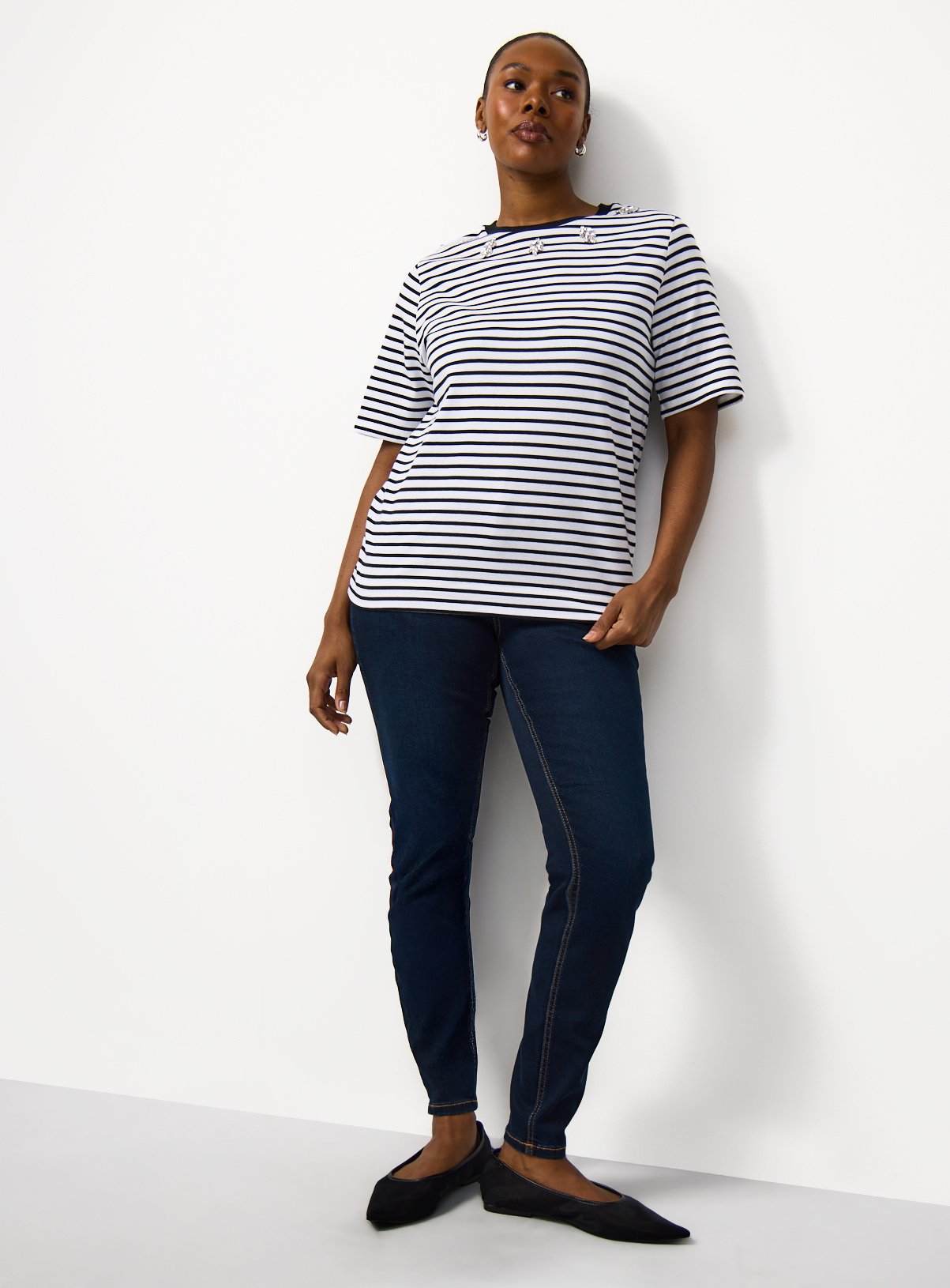 Mono Stripe Print Embellished Neckline T-Shirt 26 - Image 2 thumbnail