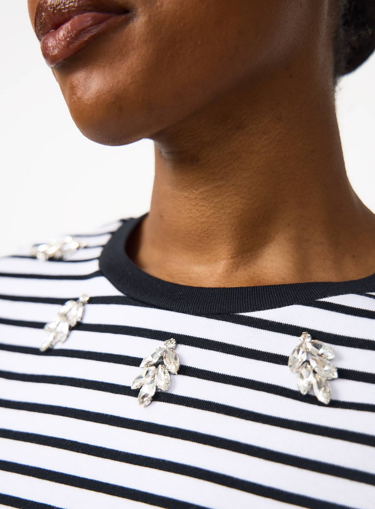 Mono Stripe Print Embellished Neckline T-Shirt 26 - Image 3