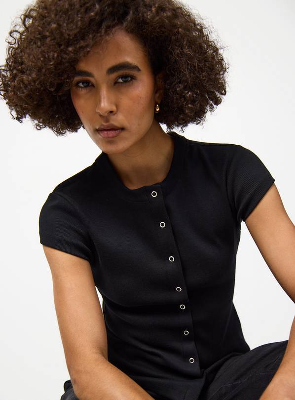 Black Button Through Capped Sleeve Ribbed T-Shirt 6