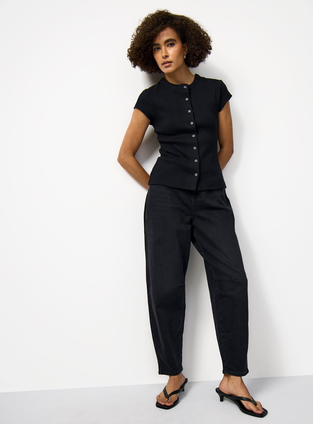 Black Button Through Capped Sleeve Ribbed T-Shirt 18 - Image 2 thumbnail