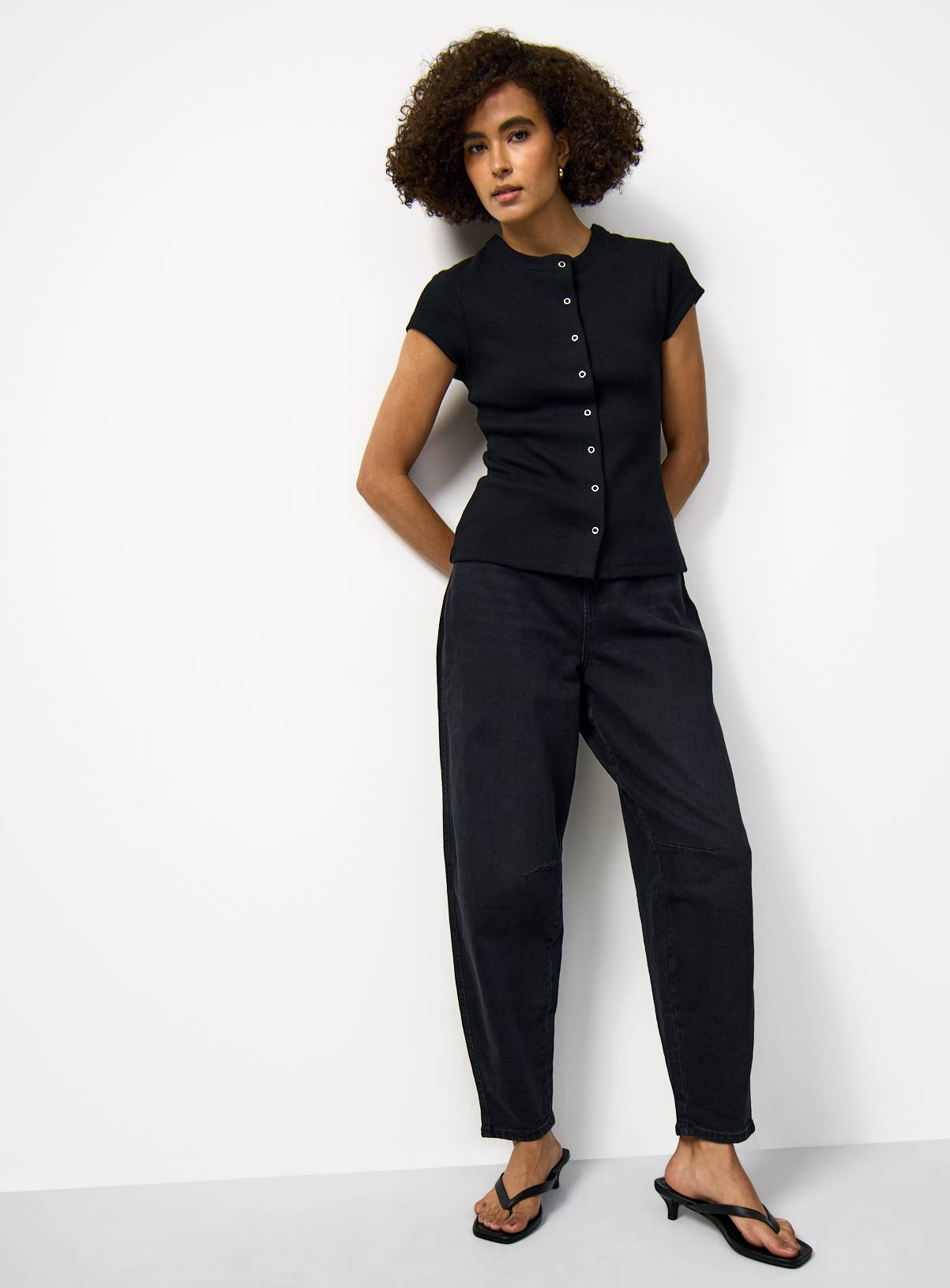 Black Button Through Capped Sleeve Ribbed T-Shirt 18 - Image 2