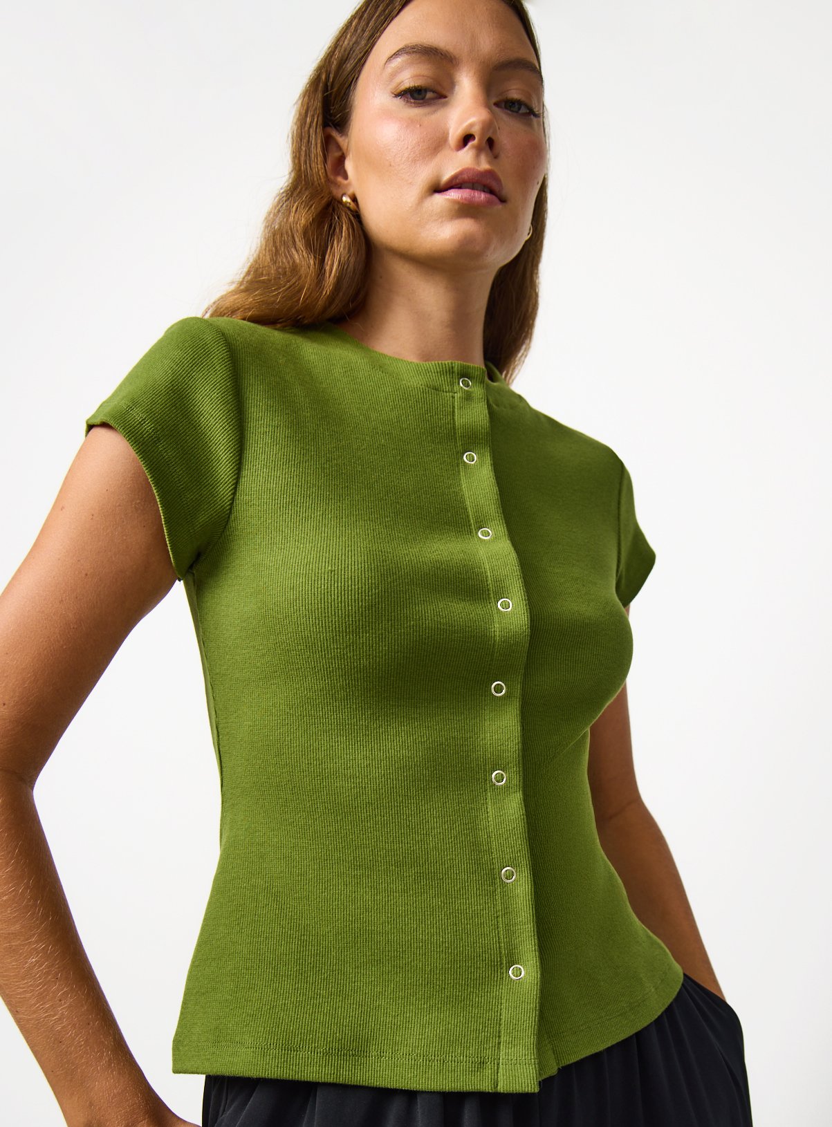 Green Button Through Capped Sleeve Ribbed T-Shirt 26 - Image 1 thumbnail