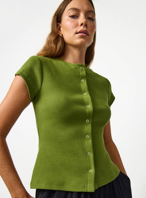 Green Button Through Capped Sleeve Ribbed T-Shirt 24