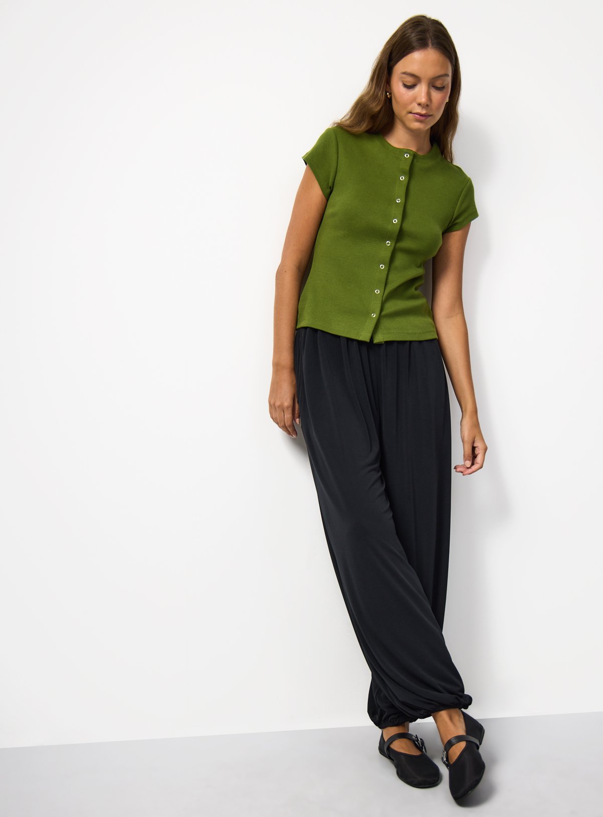 Green Button Through Capped Sleeve Ribbed T-Shirt 26 - Image 2 thumbnail