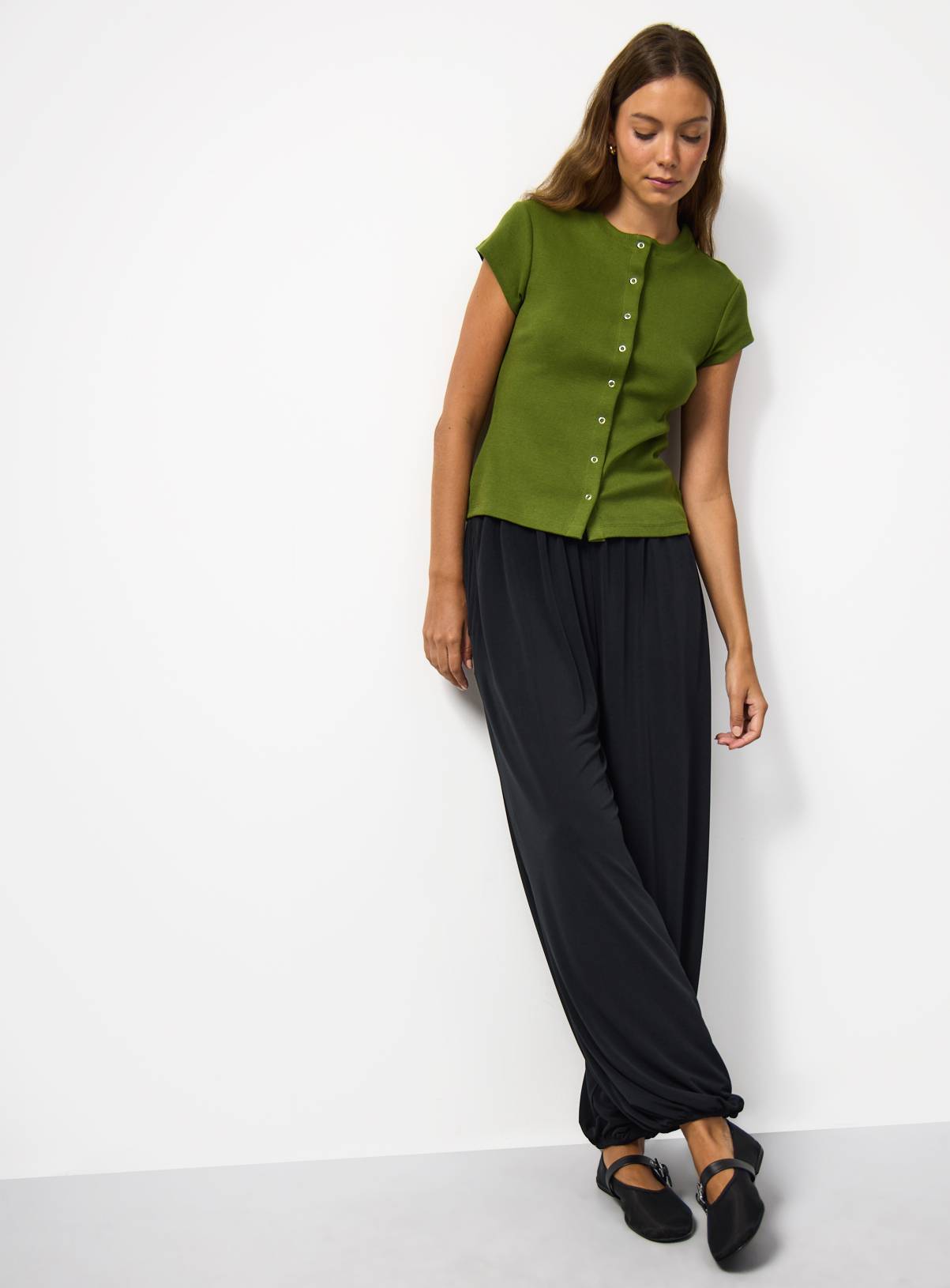 Green Button Through Capped Sleeve Ribbed T-Shirt 26 - Image 2