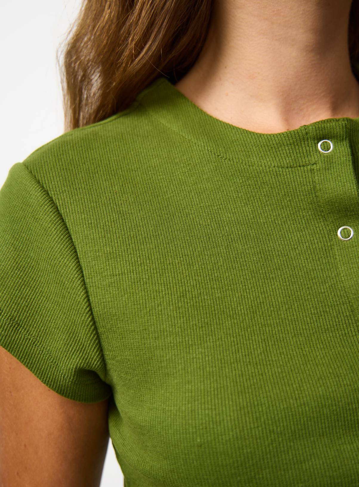 Green Button Through Capped Sleeve Ribbed T-Shirt 26 - Image 3